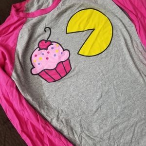 Pink cupcake pacman baseball tee